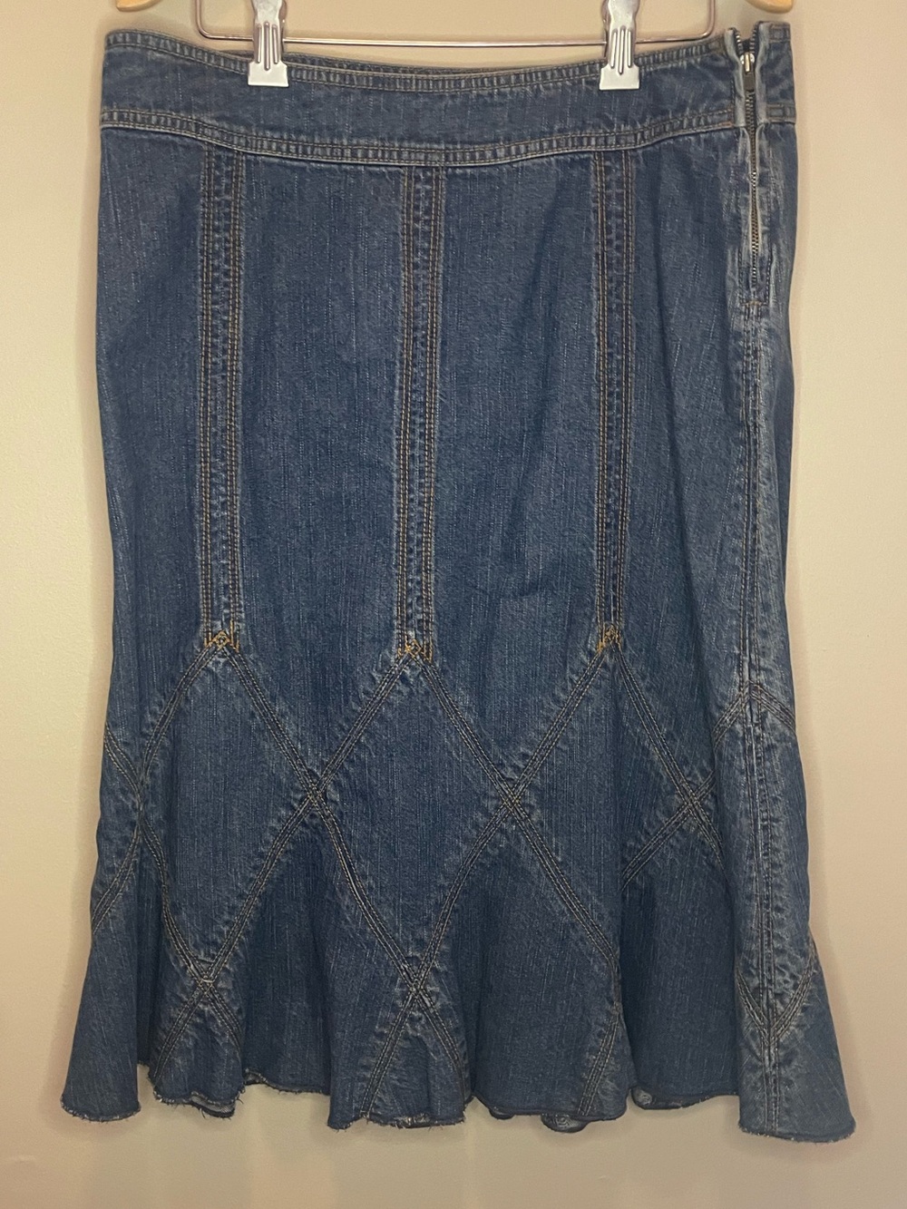 Vintage DKNY Jeans Y2K Denim Mermaid Midi Skirt Paneled Stitch Diamond Size 8